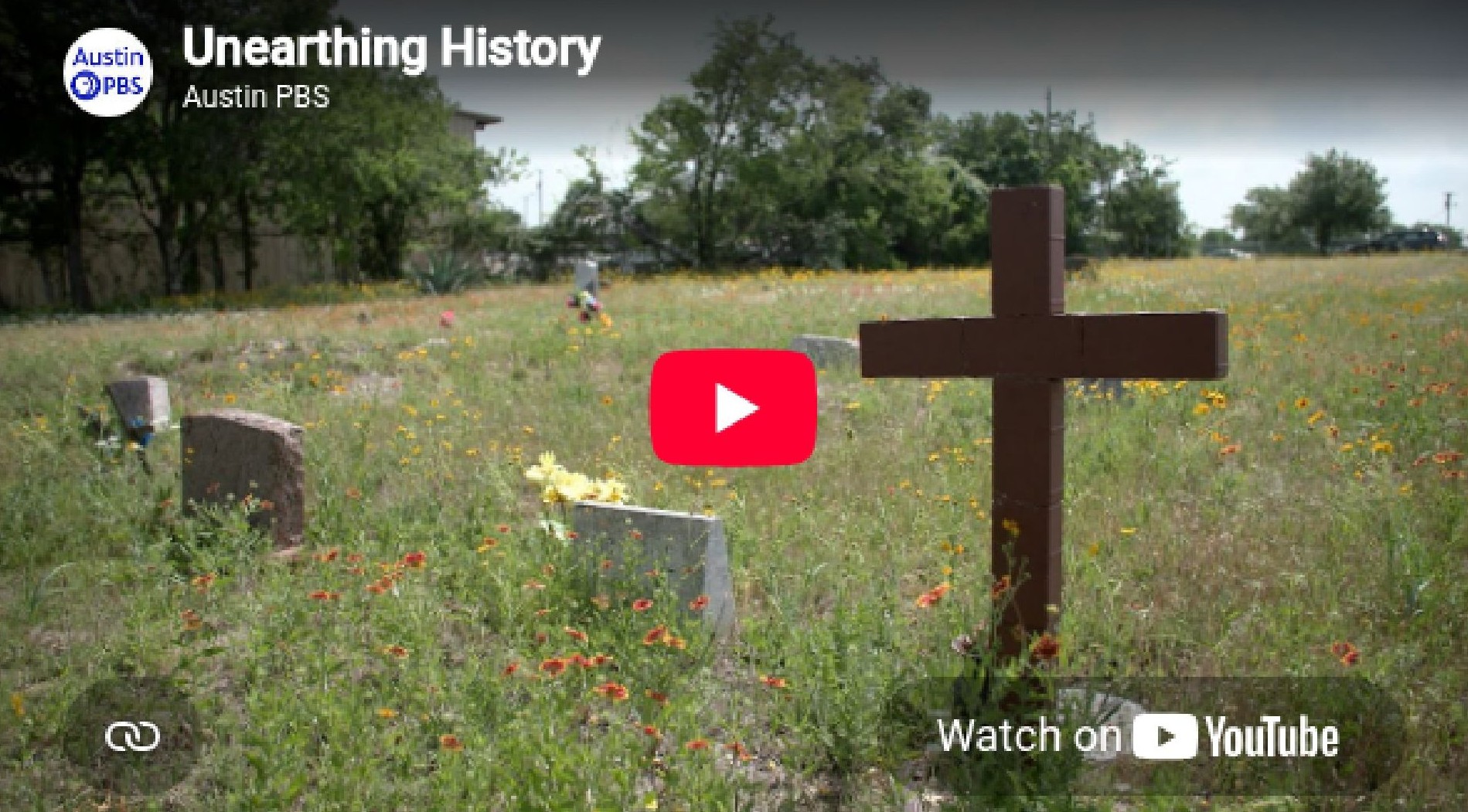 Still from the Austin PBS documentary Unearthing History showing wildflowers and a wooden cross in the historic cemetery