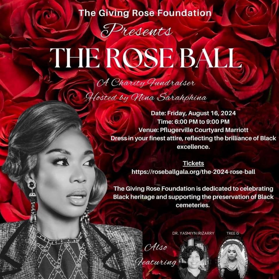 The Rose Ball 2024 charity fundraiser flyer with red roses
